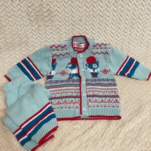 Vintage Kingsway Blue Red Fair Isle Knit Cardigan Baby Sweater Pants Set